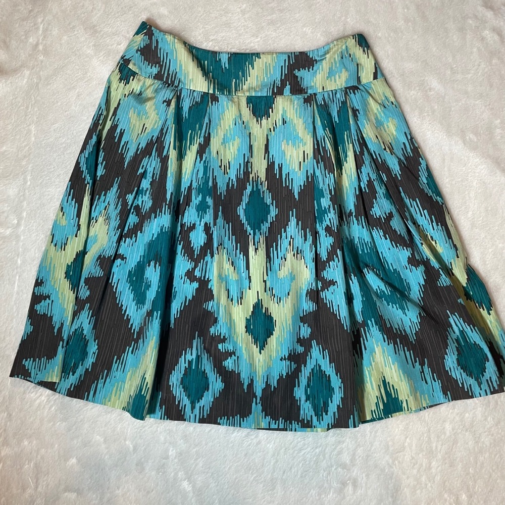 Context Silk Cotton Ikat Print A-Line Skirt Turquoise Green Grey Size 8 Mod